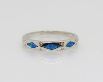 Vintage Sterling Silver Blue Opal & White Topaz Band Ring Size 8