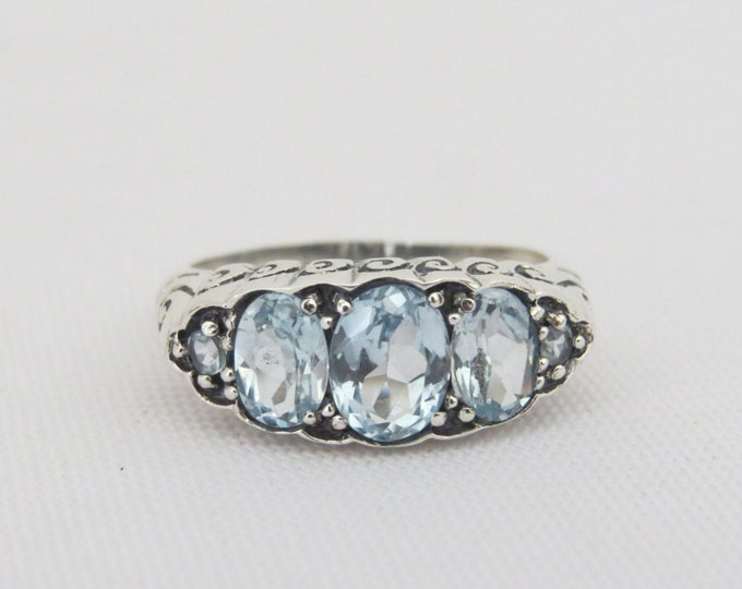 Vintage Sterling Silver Oval Aquamarine Carved Ring Size 8