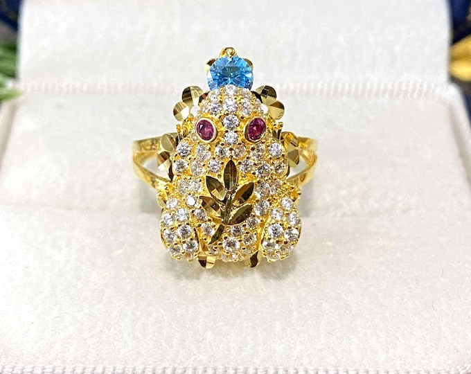 Vintage 15K 610 Solid Yellow Gold Blue Topaz, White Topaz Ruby Eye's Frog Ring Size 5 3/4