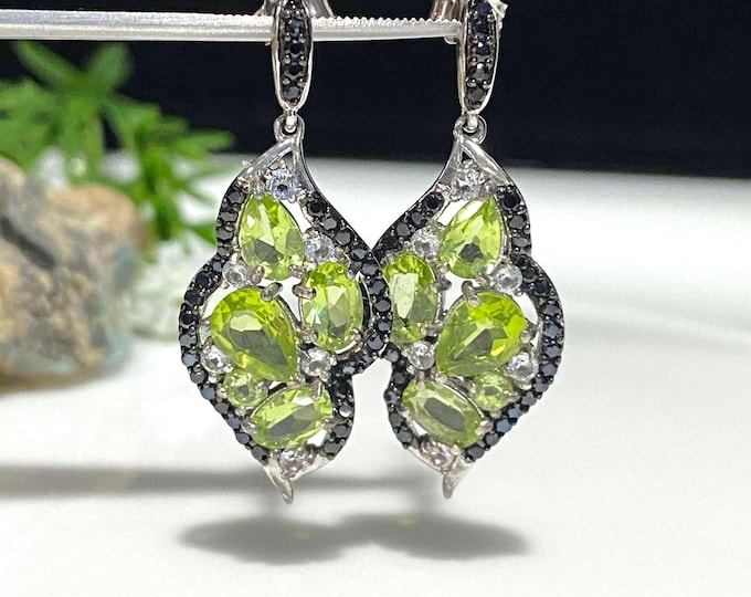 Vintage Sterling Silver Natural Peridot, Black Spinel & White Topaz Dangle Earrings.