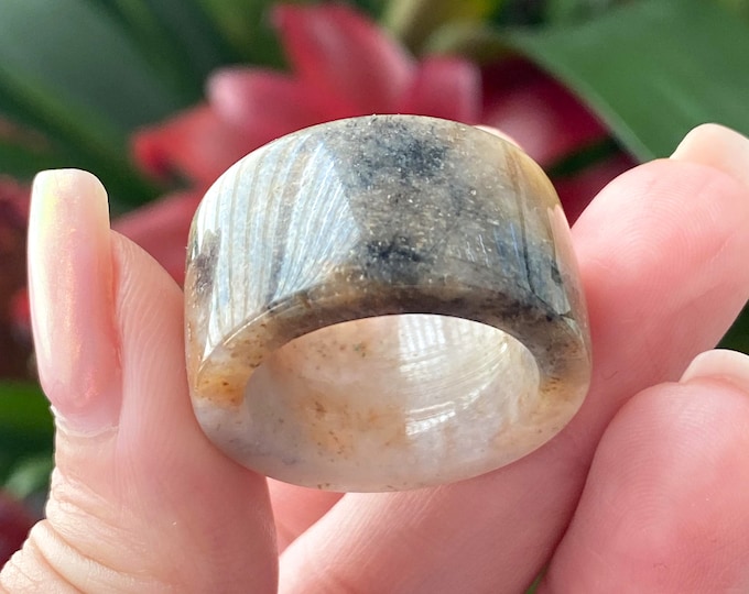 Vintage Translucent Natural Orange, Black, White Jadeite Jade Wide Band Ring Size 9.5