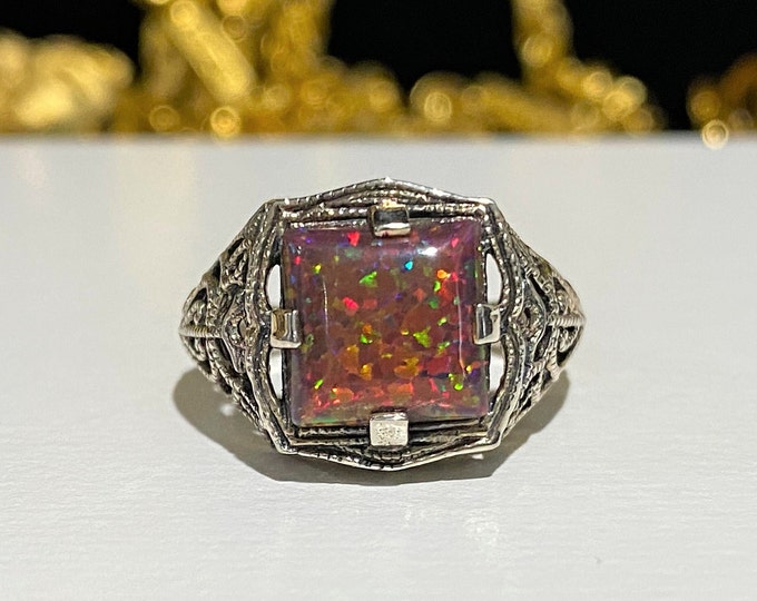 Sterling Silver Orange Opal Filigree Ring Size 7.