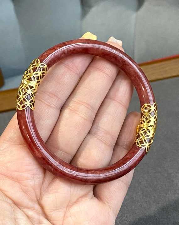 Vintage 18K Solid Gold Translucent Red Jadeite Ja… - image 3