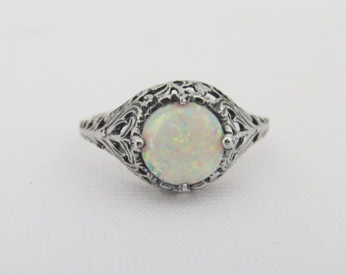Vintage Sterling Silver White Opal Filigree Dome Ring Size 8