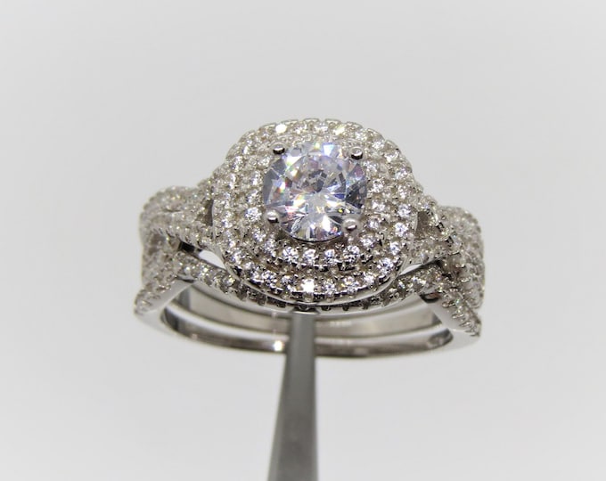 Vintage Sterling Silver Round cut White Topaz Engagement Ring Set Size 8