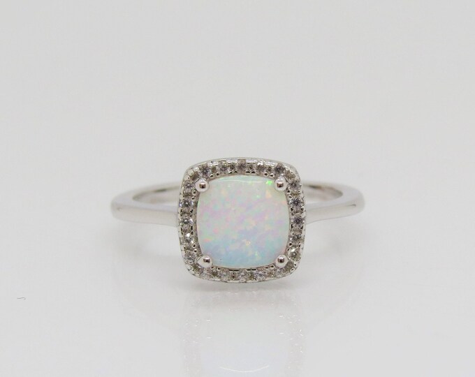 Vintage Sterling Silver White Opal & White Topaz Halo Ring Size 7