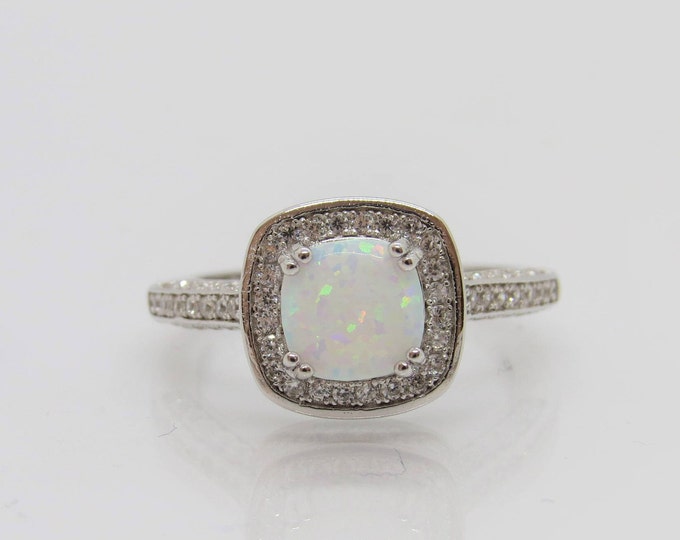 Vintage Sterling Silver White Opal & White Topaz Pave Ring Size 7