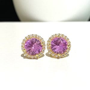 18K Solid Yellow Gold Pink Sapphire & White Topaz Halo Stud Earrings.