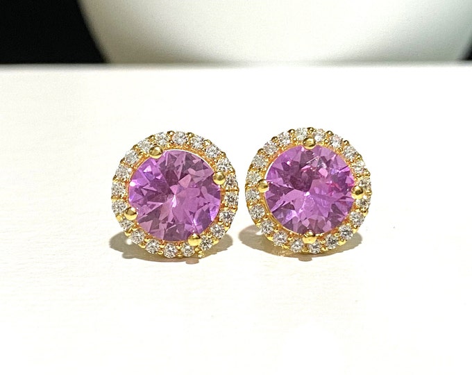 18K Solid Yellow Gold Pink Sapphire & White Topaz Halo Stud Earrings.