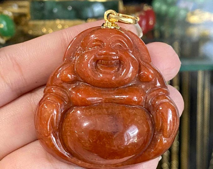 Vintage 14K Solid Yellow Gold Natural Red Jadeite Jade Laughing Buddha, Happy Pendant