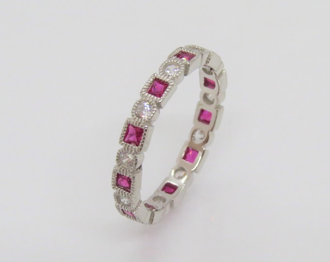 Vintage Sterling Silver Ruby & White Topaz Eternity Band Ring Size 7
