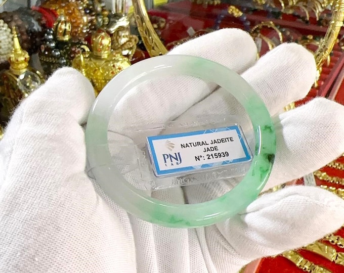 Vintage Translucent Natural Green, White Jadeite Jade Bangle Bracelet 51.1MM