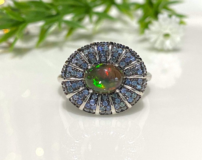 Vintage Sterling Silver Natural Black Fire Opal & Light Blue Sapphire Ring Size 7