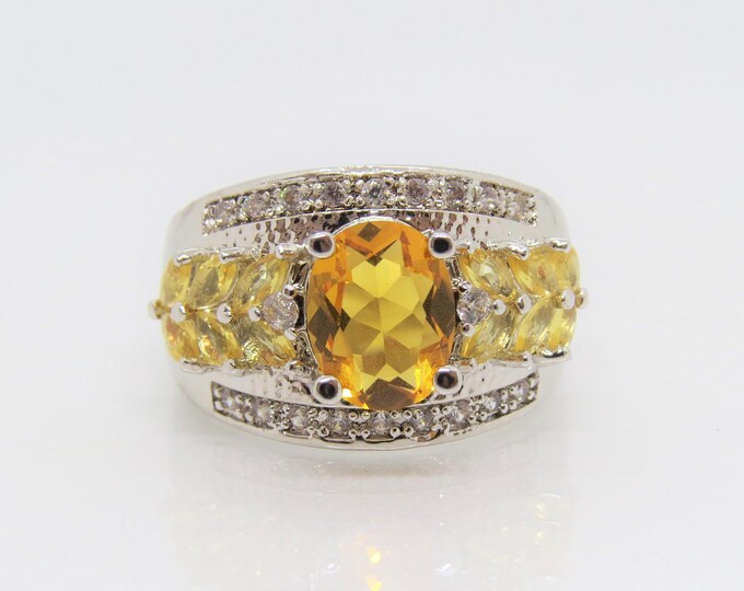 Vintage Sterling Silver Natural Citrine & White Topaz Ring Size 7