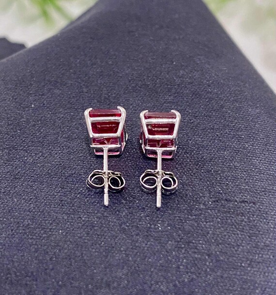 Vintage 14K Solid White Gold Rectangular Ruby Ear… - image 3