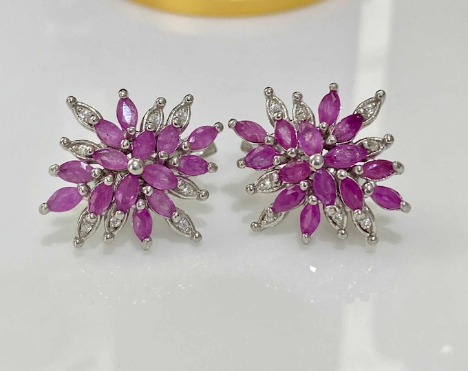 Vintage Sterling Silver Natural Marquise Cut Ruby & White Topaz Earrings.