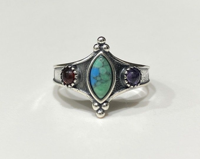 Vintage Sterling Silver Turquoise, Garnet & Amethyst Ring Size 7