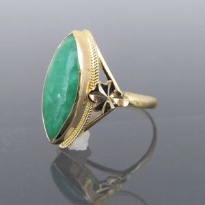 18K Solid Yellow Gold Marquise Natural Green Jadeite Jade Vintage ...
