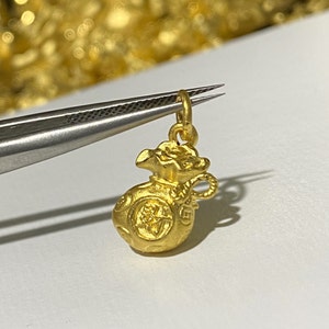 Ciondolo a forma di sacco di soldi in oro giallo 24K 999 vintage, ideale per braccialetti con ciondoli