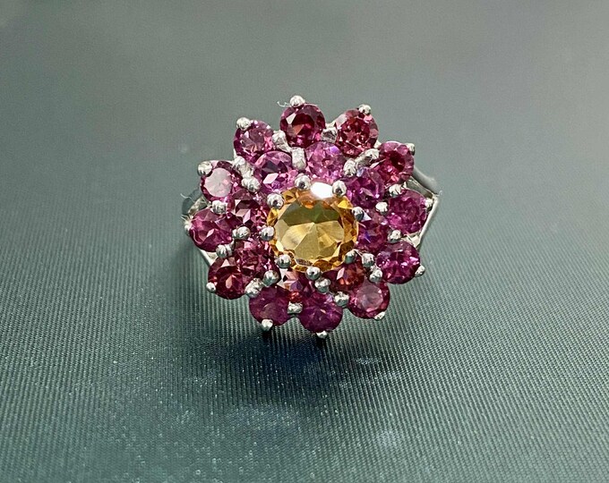 Vintage Sterling Silver Natural Citrine & Rhodolite Ring Size 7 1/2