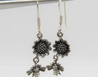 Vintage Sterling Silver Bumblebee Hovering Near Sunflower Dangle Earrings