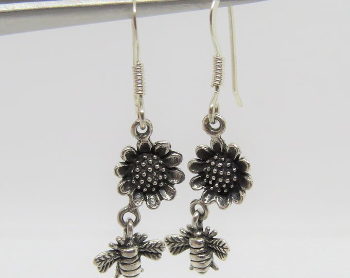 Vintage Sterling Silver Bumblebee Hovering Near Sunflower Dangle Earrings