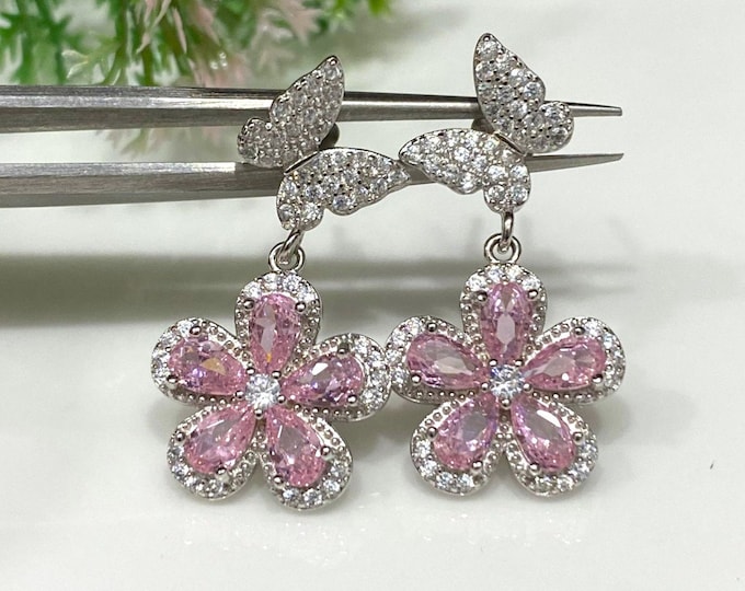 Vintage Sterling Silver Pink Sapphire & White Topaz Flower Butterfly Dangle Earrings.