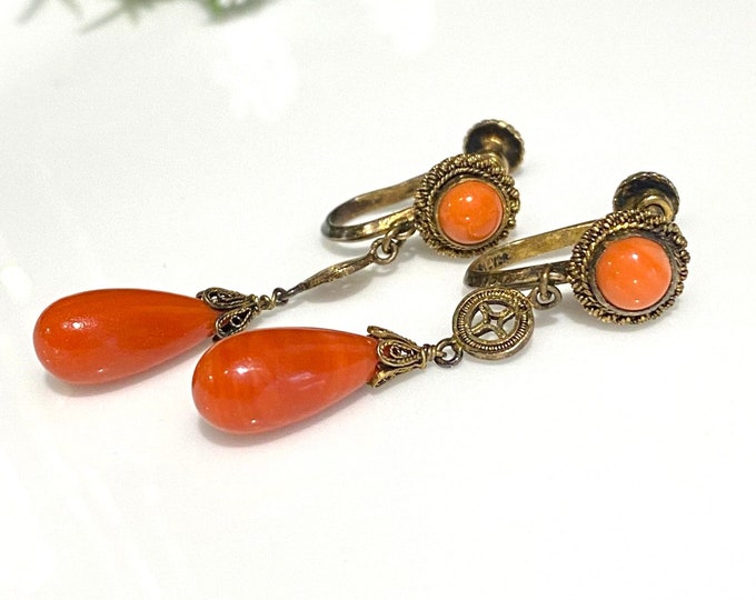 Vintage Sterling Silver Gold Vermeil Natural Red Orange Coral Filigree Dangle Earrings.
