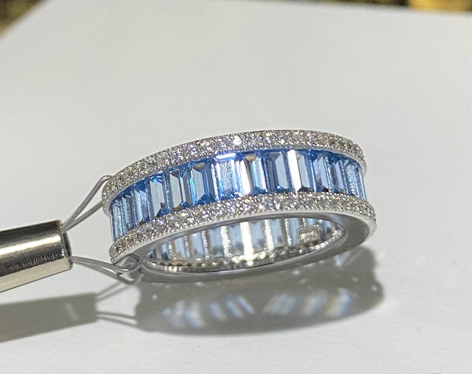 Sterling Silver Aquamarine, White Topaz Band Ring Size 8.