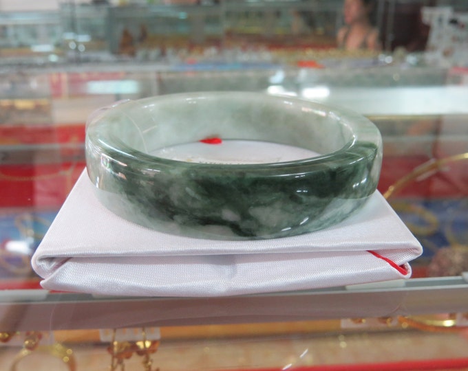Vintage Untreated Grade A Natural Green White Jadeite Jade Wide Bangle Bracelet 57.4MM