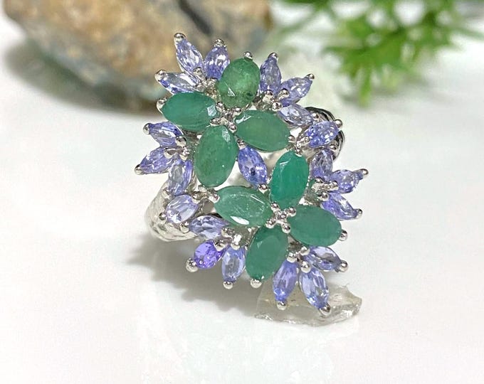 Vintage Sterling Silver Natural Emerald & Tanzanite Ring Size 7.5
