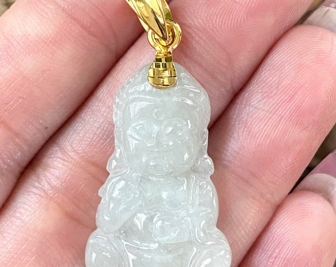 Vintage 18K Solid Yellow Gold Light Green, White Jadeite Jade Buddha Pendant.