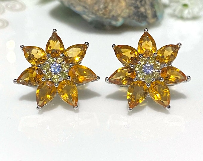 Vintage Sterling Silver Natural Oval cut Citrine, Yellow Sapphire & Tanzanite Flower Earrings.