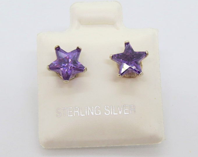 Vintage Sterling Silver Star cut Amethyst Stud Earrings 7MM