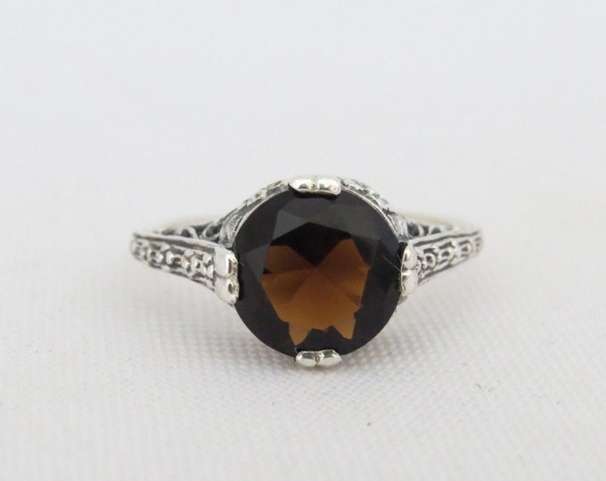 Vintage Sterling Silver Natural Smoky Topaz Filigree Ring Size 7