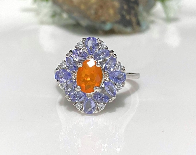 Vintage Sterling Silver Natural Orange Opal, Tanzanite & White Topaz Ring Size 7