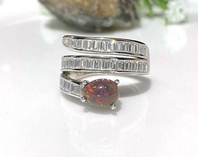 Vintage Sterling Silver Natural Orange Brown Opal, White Topaz Snake Ring Size 7 1/4
