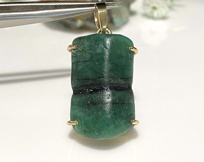 Vintage 14K Solid Yellow Gold 29.6ctw Natural Colombian Rough Emerald Pendant.