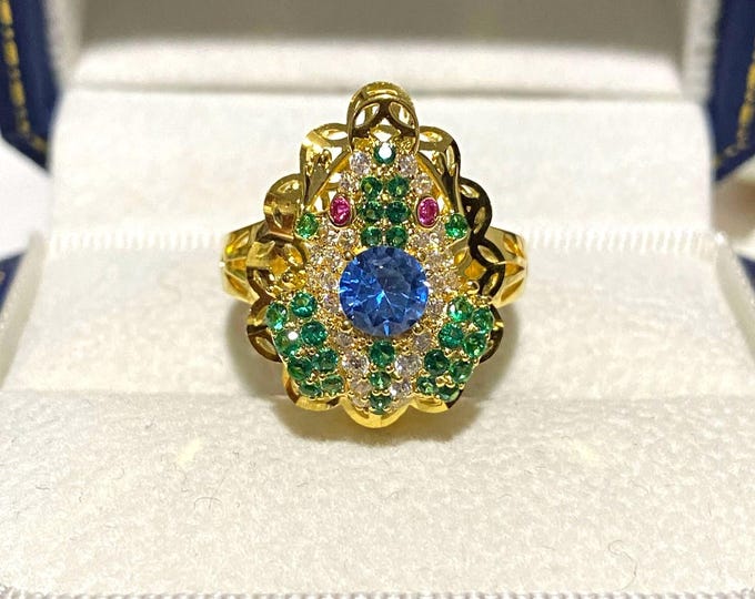 Vintage 15K 610 Solid Yellow Gold Blue Sapphire, Emerald & White Topaz Ruby Eye's Frog Ring Size 6.5