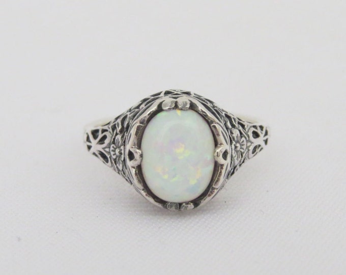Vintage Sterling Silver White Opal Filigree Ring Size 8