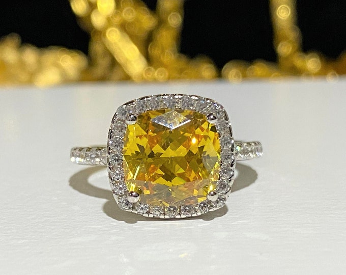 Vintage Sterling Silver Cushion Citrine, White Topaz Engagement Ring Size 6