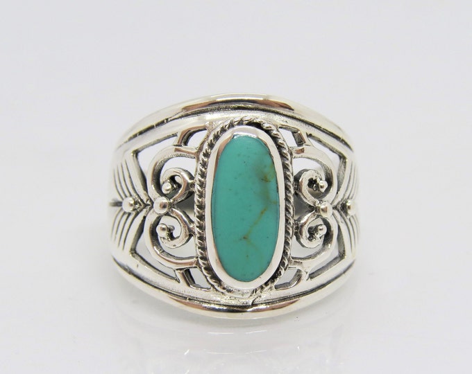 Vintage Sterling Silver Turquoise Filigree Ring Size 7
