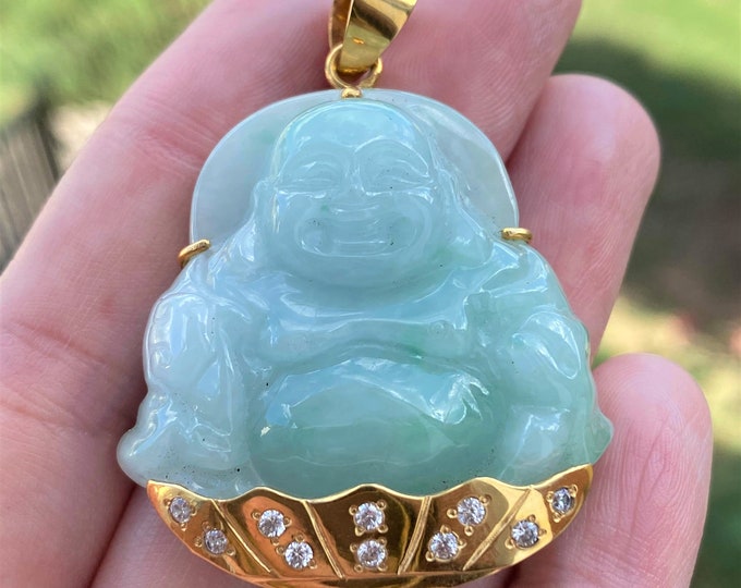 Vintage 18K Solid Yellow Gold Green Jadeite Jade, White Topaz Laughing Buddha Pendant