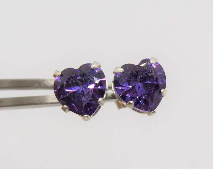 Vintage Sterling Silver Heart cut Amethyst Stud Earrings 7MM