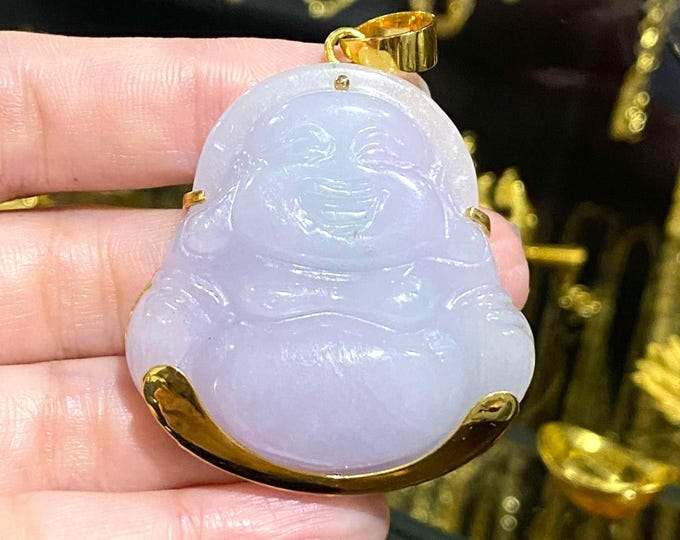 Vintage 18K Solid Yellow Gold Lavender, Green Jadeite Jade Laughing Buddha, Happy Buddha Pendant