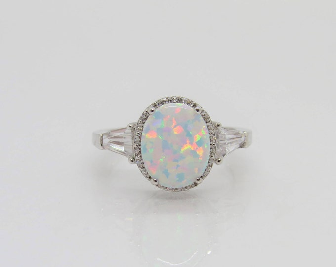 Vintage Sterling Silver Fire Opal & White Topaz Halo Ring Size 10