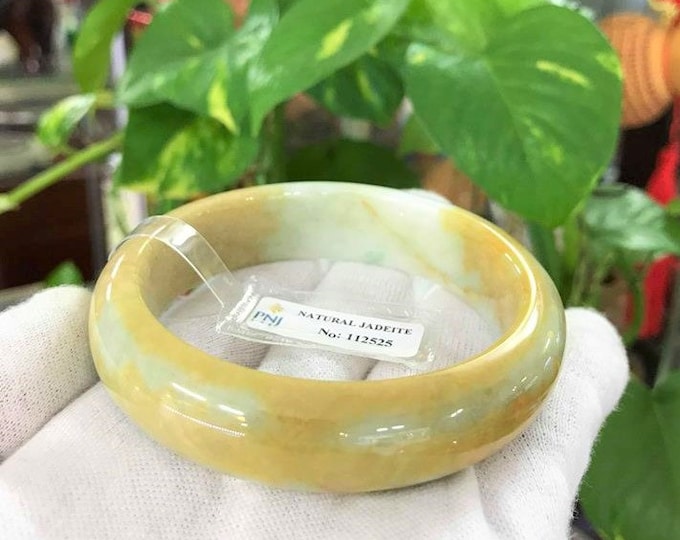 Translucent Natural Green White, Honey Orange Jadeite Jade Vintage Bangle Bracelet 58MM