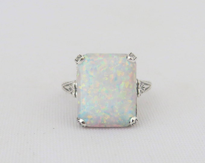 Sterling Silver White Opal Filigree Ring Size 6