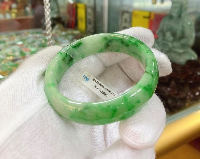 Vintage Translucent Natural Green, White Jadeite Jade Bangle Bracelet 55.5MM