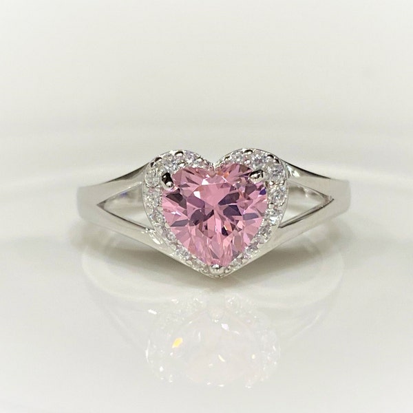 Vintage Sterling Silver Pink Sapphire & White Topaz Heart Ring.